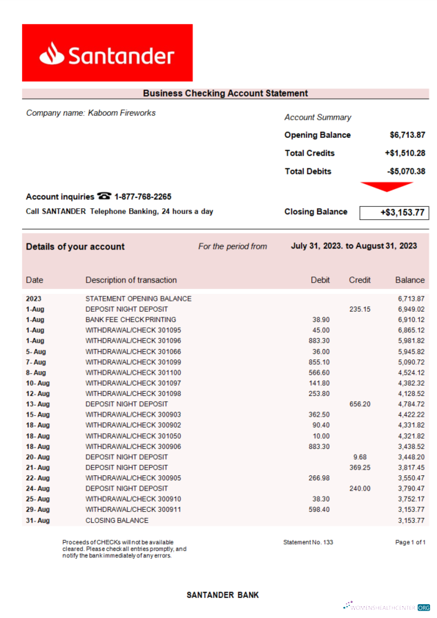 Download Santander Bank company account statement Word and PDF template Photoshop template